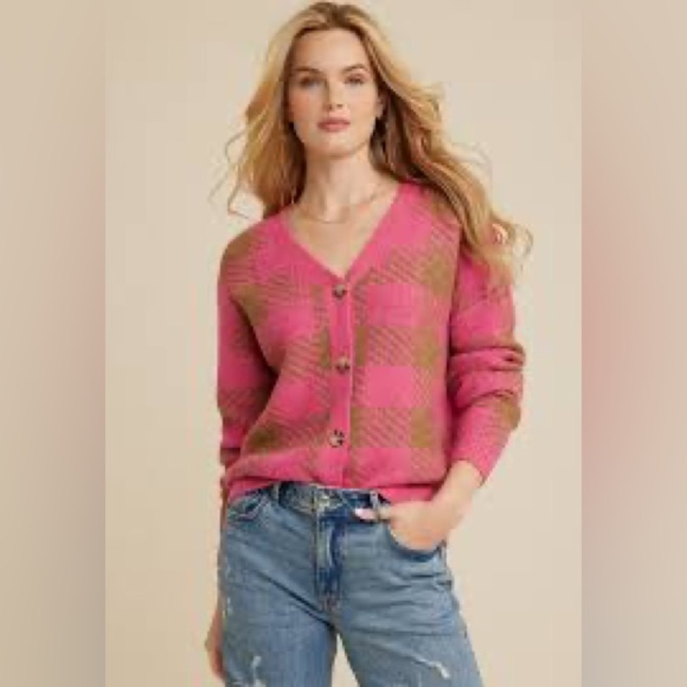 Women's Maurices pink plaid cardigan, size L